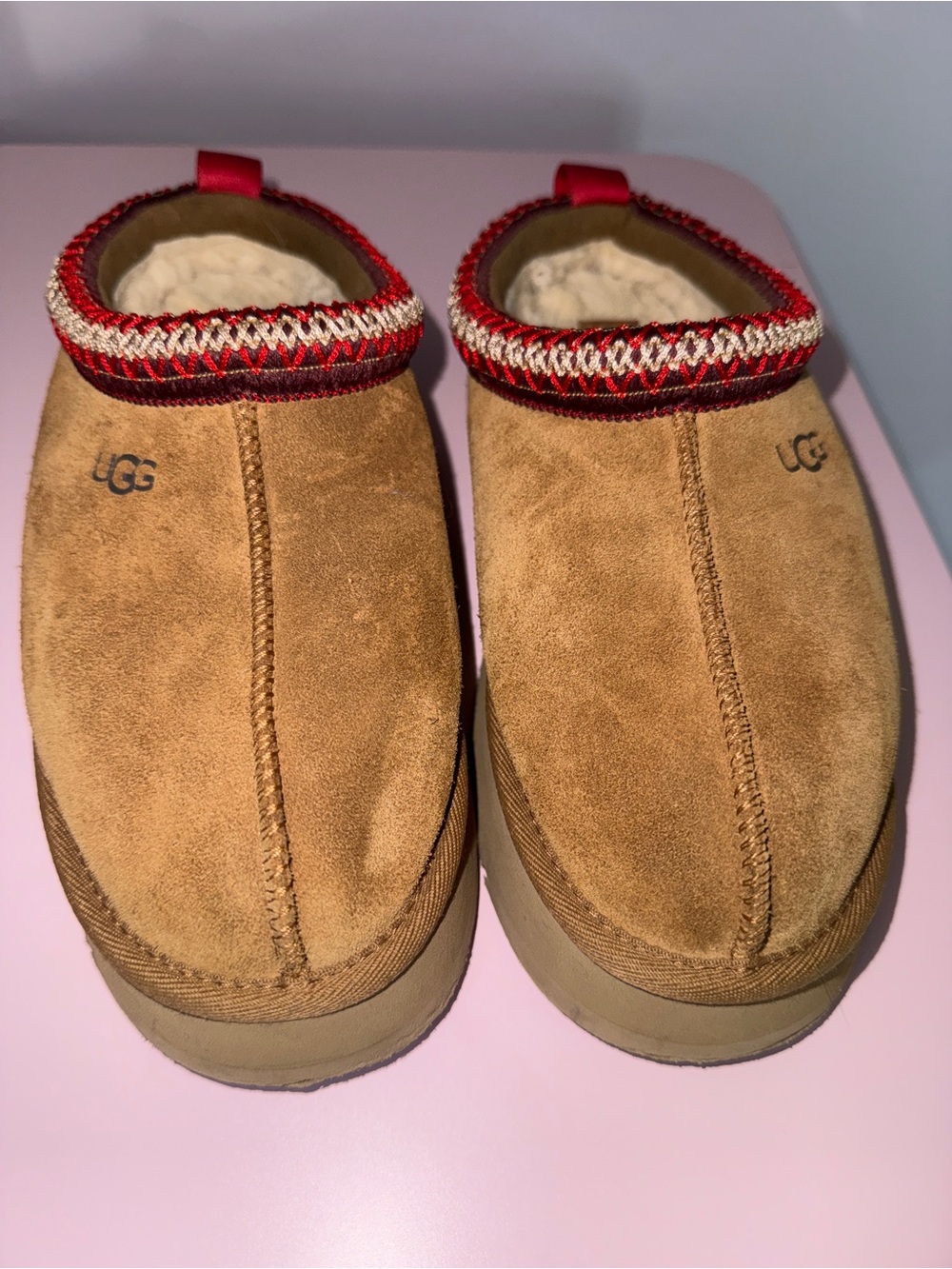 UGG Suede Slip-On Clog in Chestnut with Red Trim